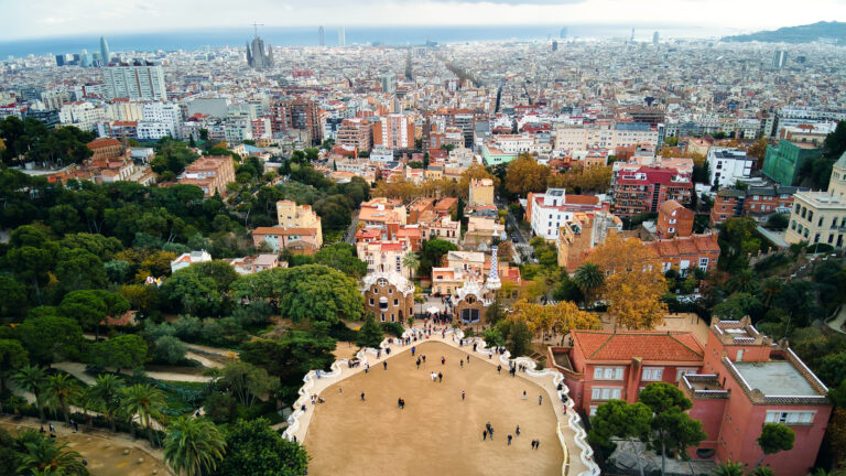 aerial-drone-view-park-guell-barcelona-spain